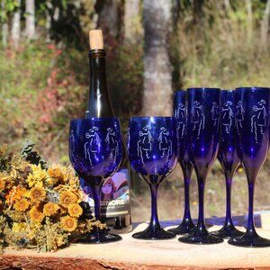 Elegant Horse Etched Cobalt blue Glass Set for Wine & Champagne Set of 6 ECU